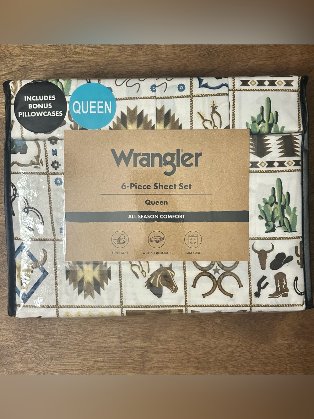 NEW Wrangler White Brown Queen 6pc Sheets Set Western Cowboy Tiles Horses/Aztec